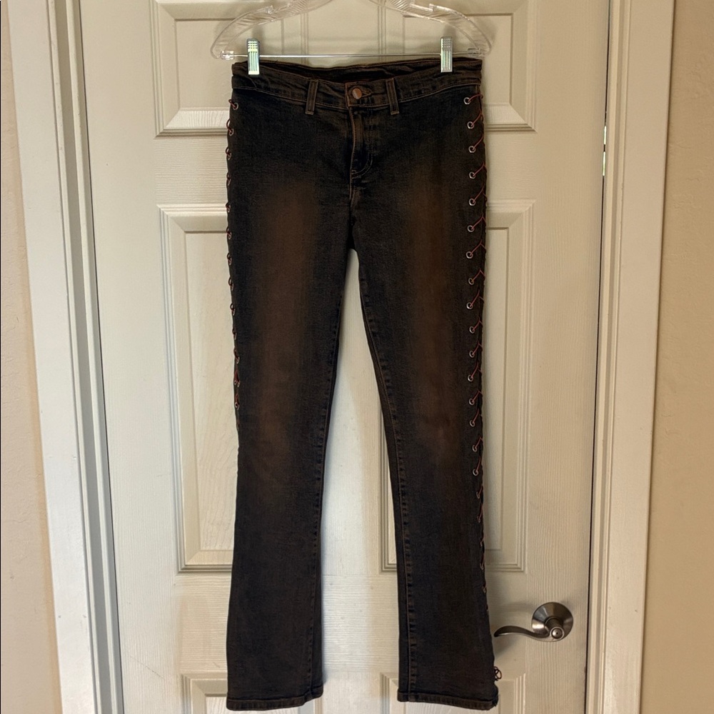 bebe Black Boot-Cut Jeans with Side Lace-Up Detail